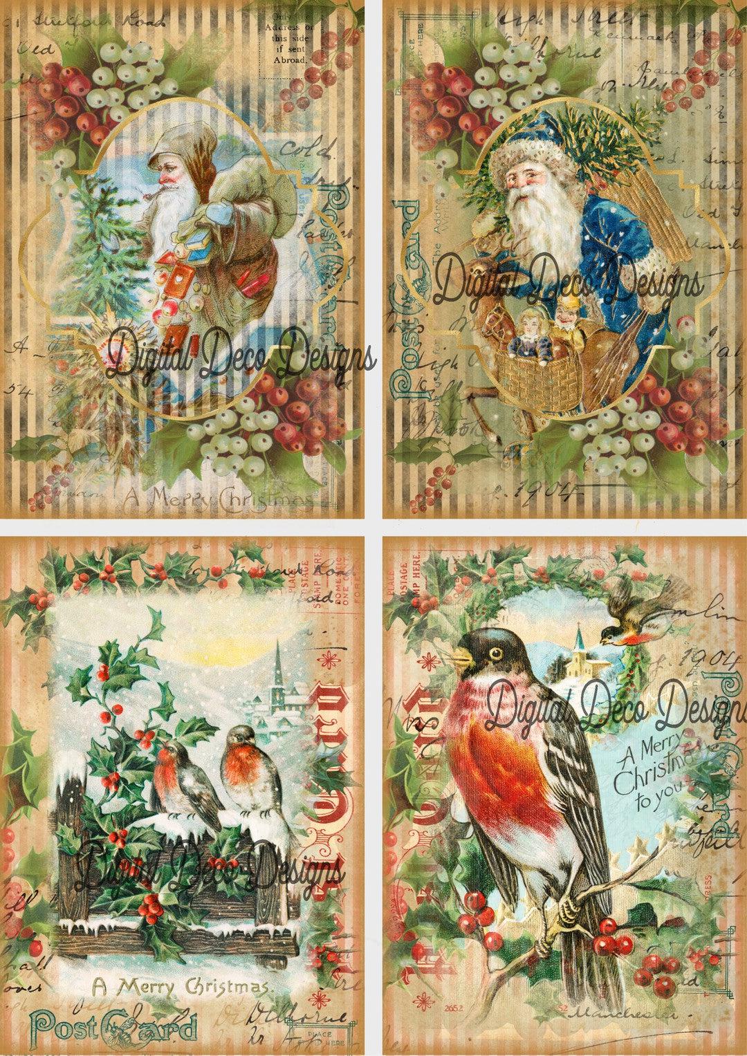 Vintage Santas and Birds Collage Sheet (#E095)-Digital Deco Designs
