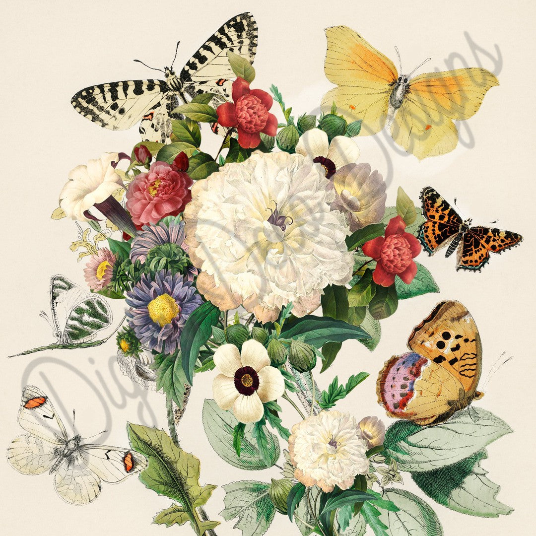 Vintage Flower Bouquet and Butterflies (#E082)-Digital Deco Designs