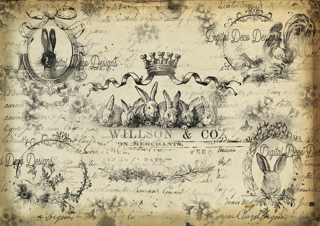 Vintage Bunny Art 1 Full Sheet (#E076)-Digital Deco Designs