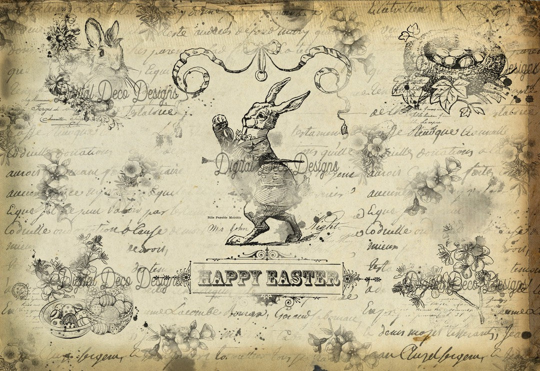 Vintage Bunny Art 2 Full Sheet (#E077)-Digital Deco Designs