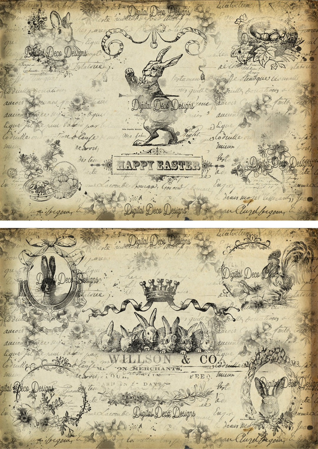 Vintage Bunny Art Duo Sheet (#E080)-Digital Deco Designs