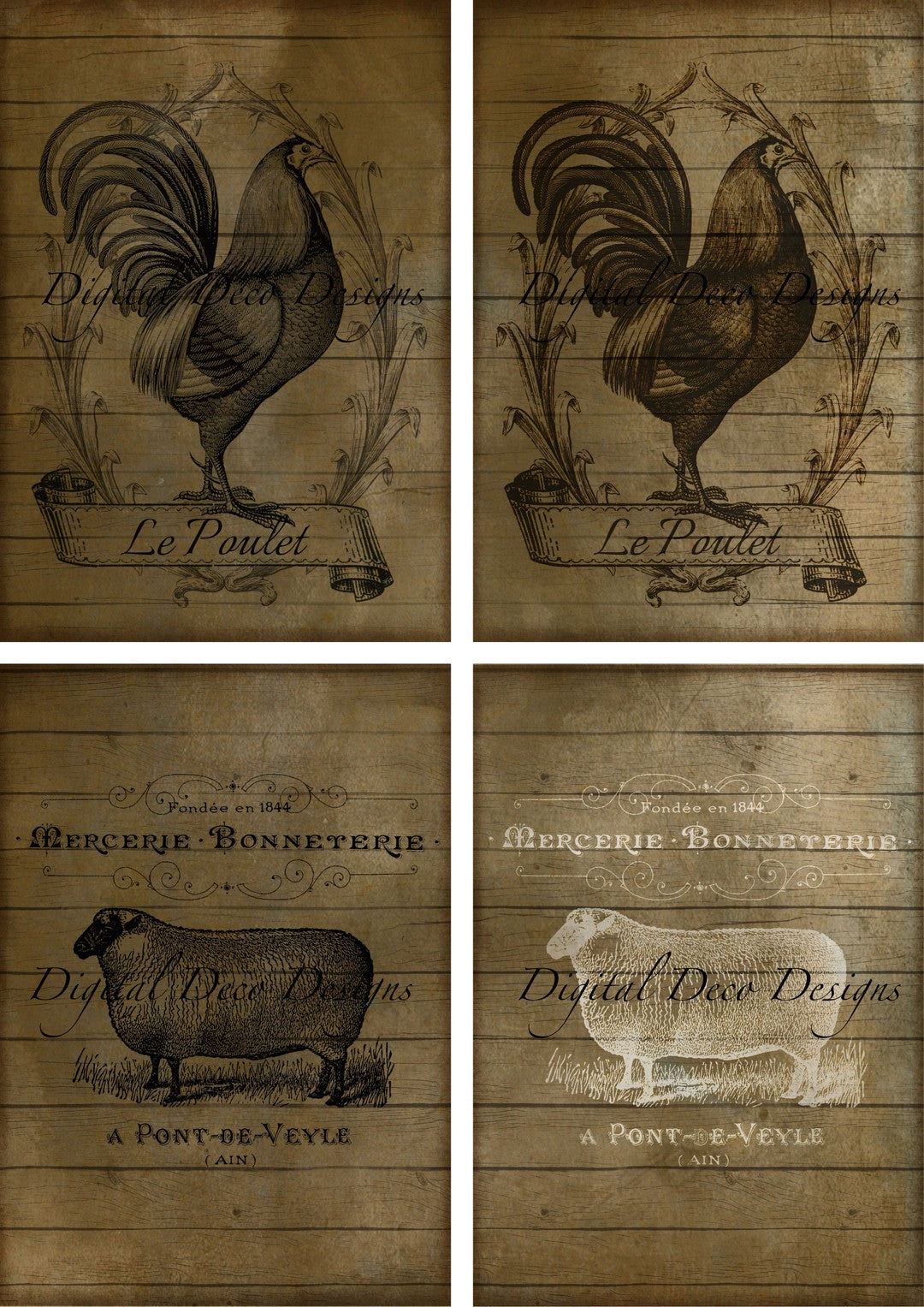 Primitive French Rooster and Sheep Collage Sheet (#D053)-Digital Deco Designs