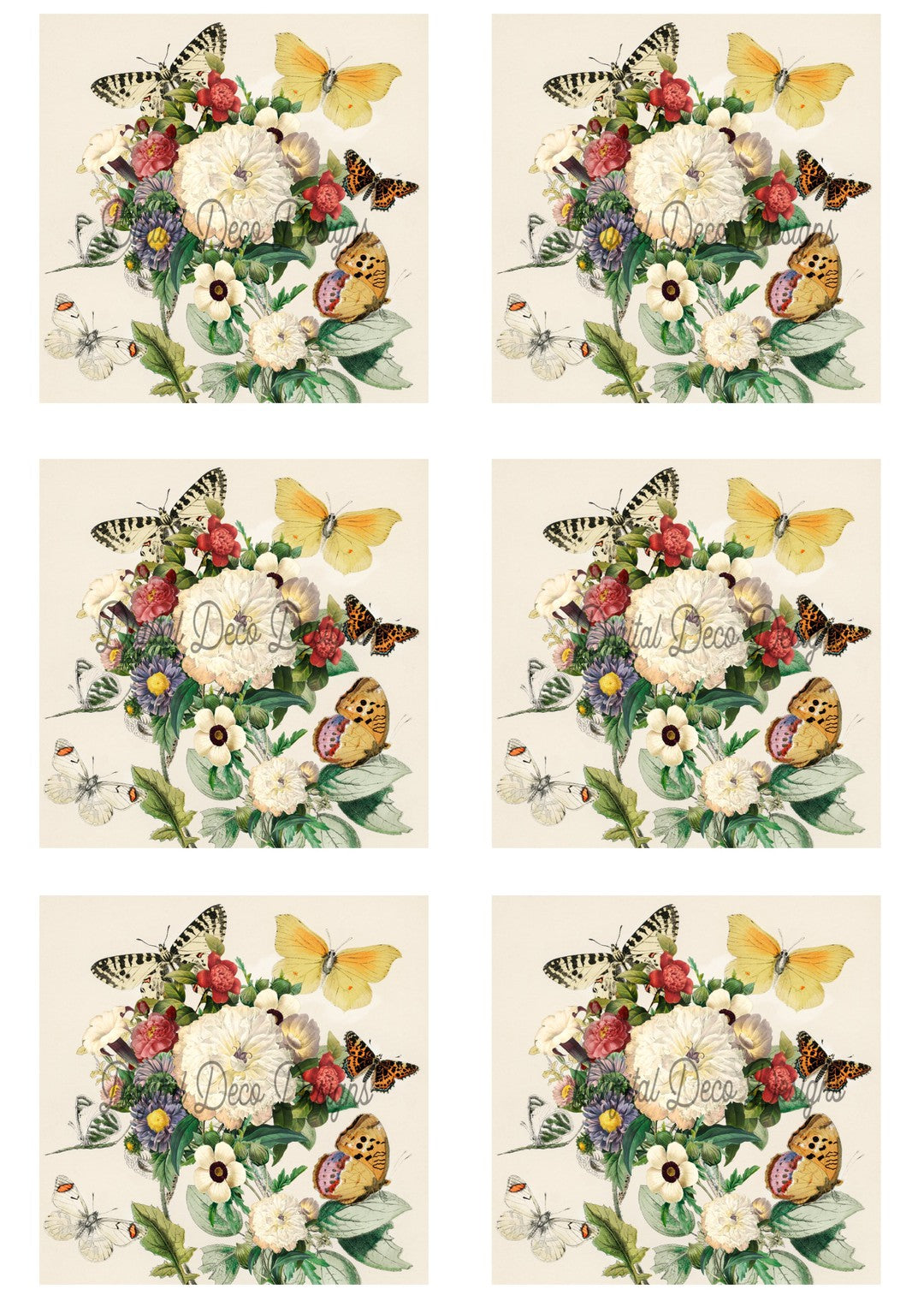 Vintage Bouquet and Butterflies 6 Collage Sheet (#E074)-Digital Deco Designs